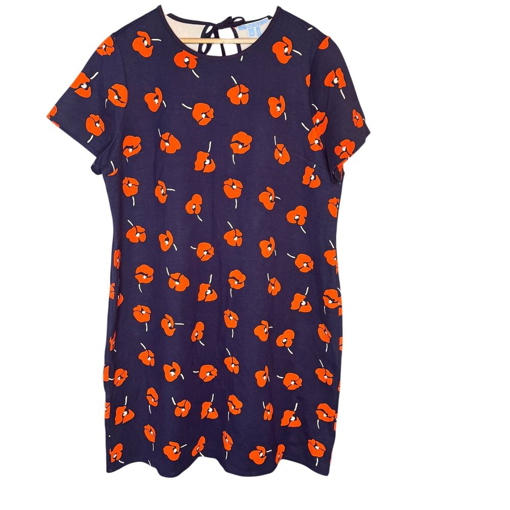 Draper James 2X Navy Orange Poppy Print Knit Sheath Dress Plus Size Tie Back